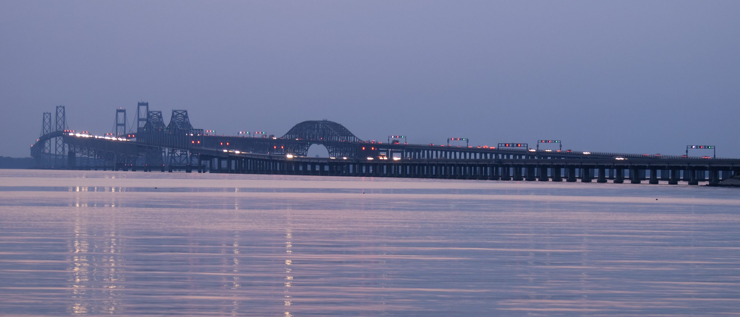 The Chesapeake Bay Bridge at dusk, seen from the water