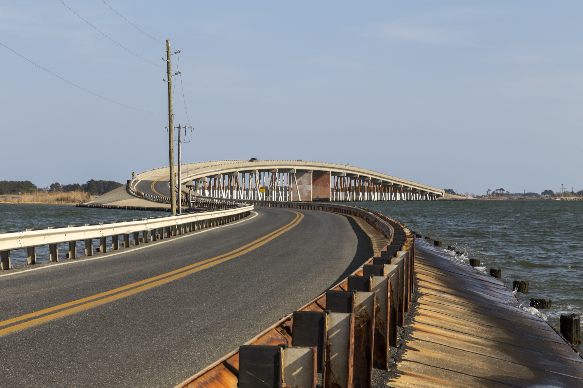The Hoopers Island Bridge curving over the water in Dorchester County, Maryland