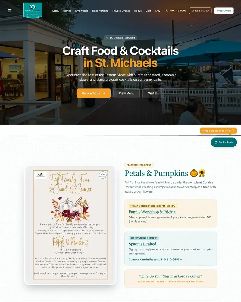 Corah’s Corner, restaurant in St. Michaels, MD: the home page