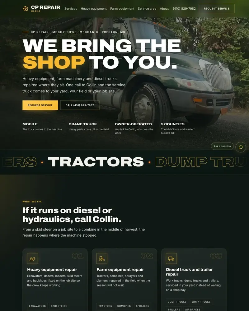 CP Repair, mobile diesel mechanic in Preston, MD: the home page