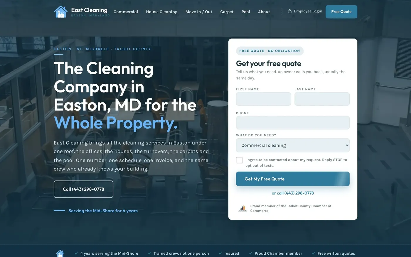 East Cleaning LLC, cleaning company in Easton, MD: the home page