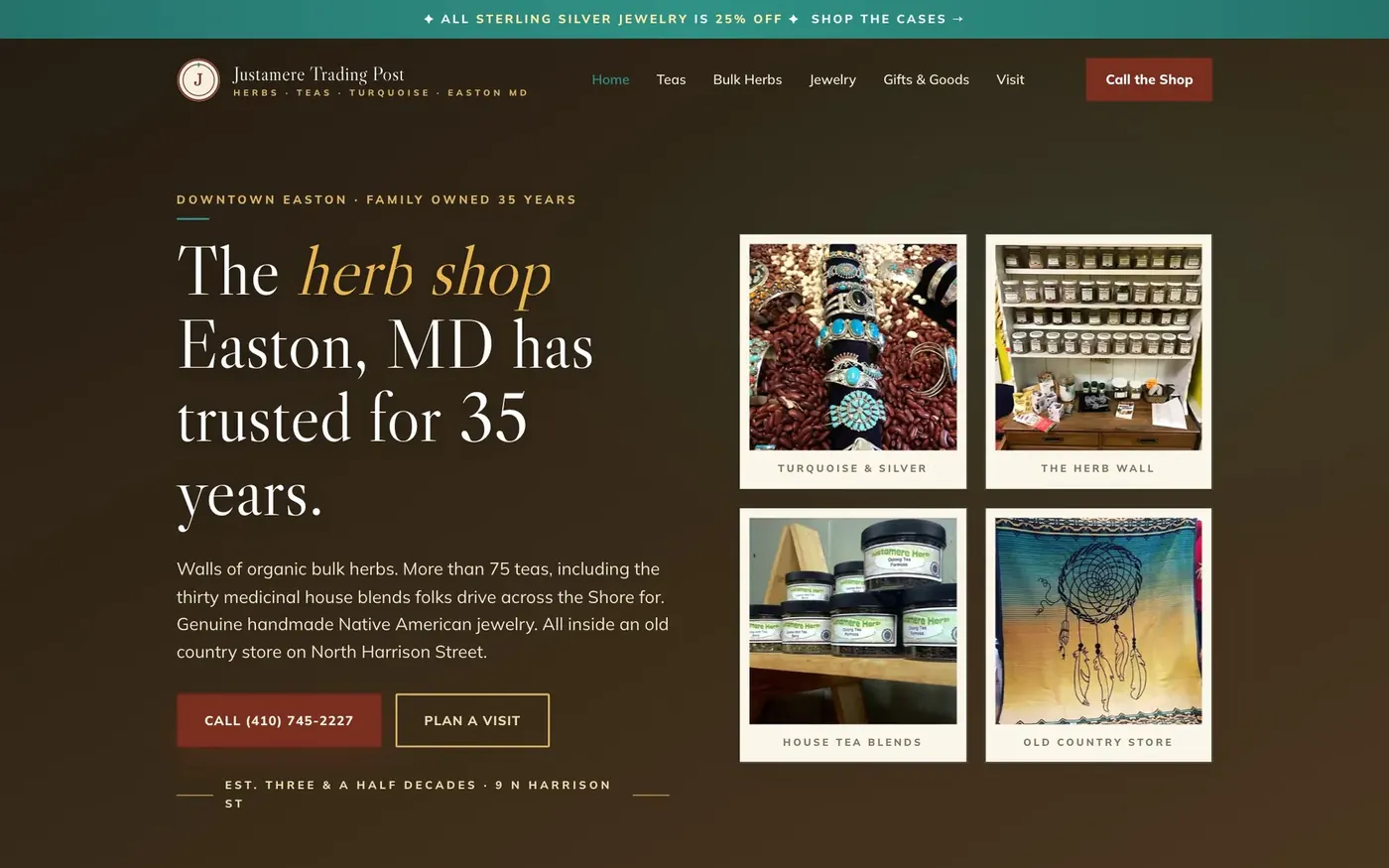 Justamere Trading Post, herb shop in Easton, MD: the home page