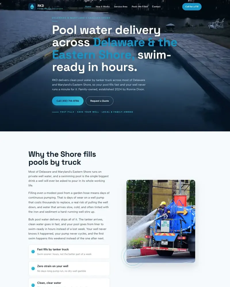 RKD Pool Water Delivery, pool water delivery in Greensboro, MD: the home page