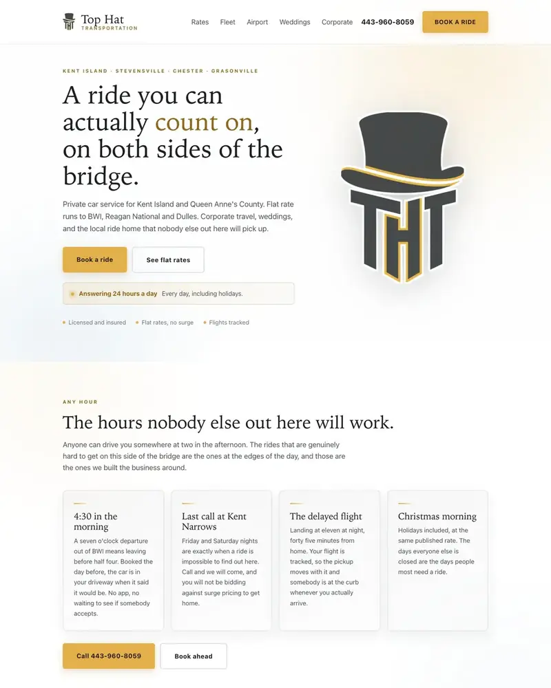 Top Hat Transportation, car service in Kent Island, MD: the home page