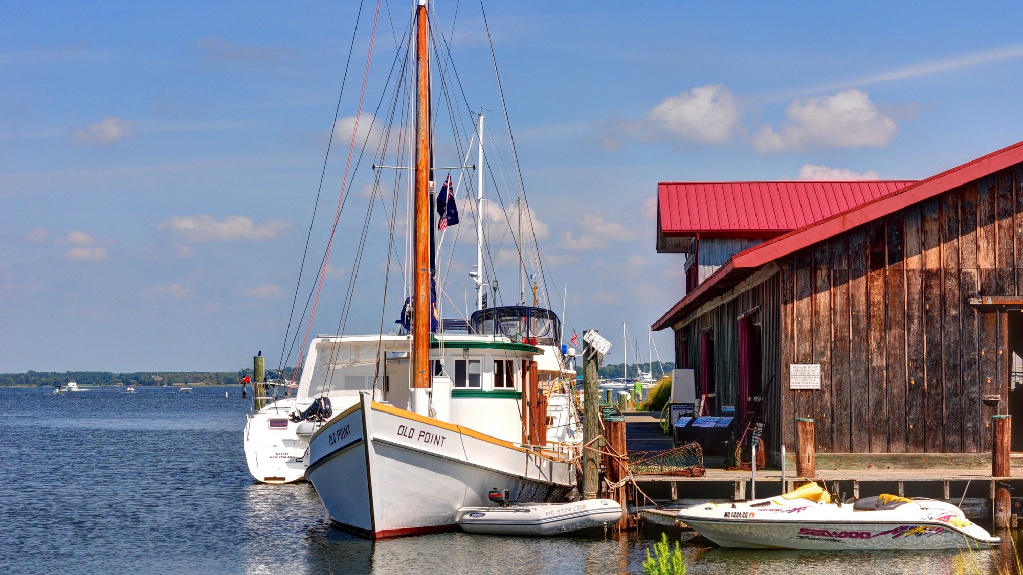 Workboats at the dock of the Chesapeake Bay Maritime Museum in St. Michaels, Maryland