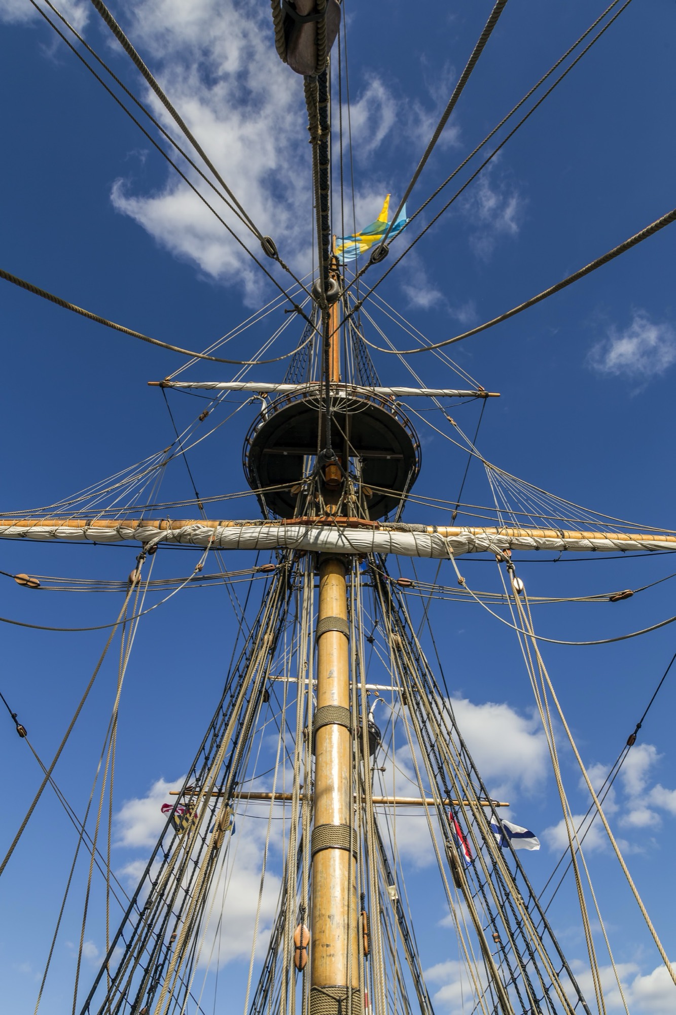 Looking up the mainmast and rigging of the tall ship Kalmar Nyckel at Chestertown, Maryland