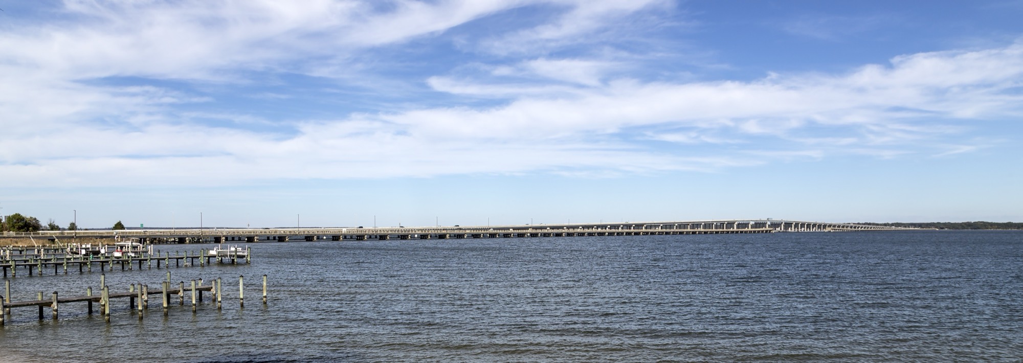 The Choptank River above Cambridge, with the fishing pier and the Malkus Bridge
