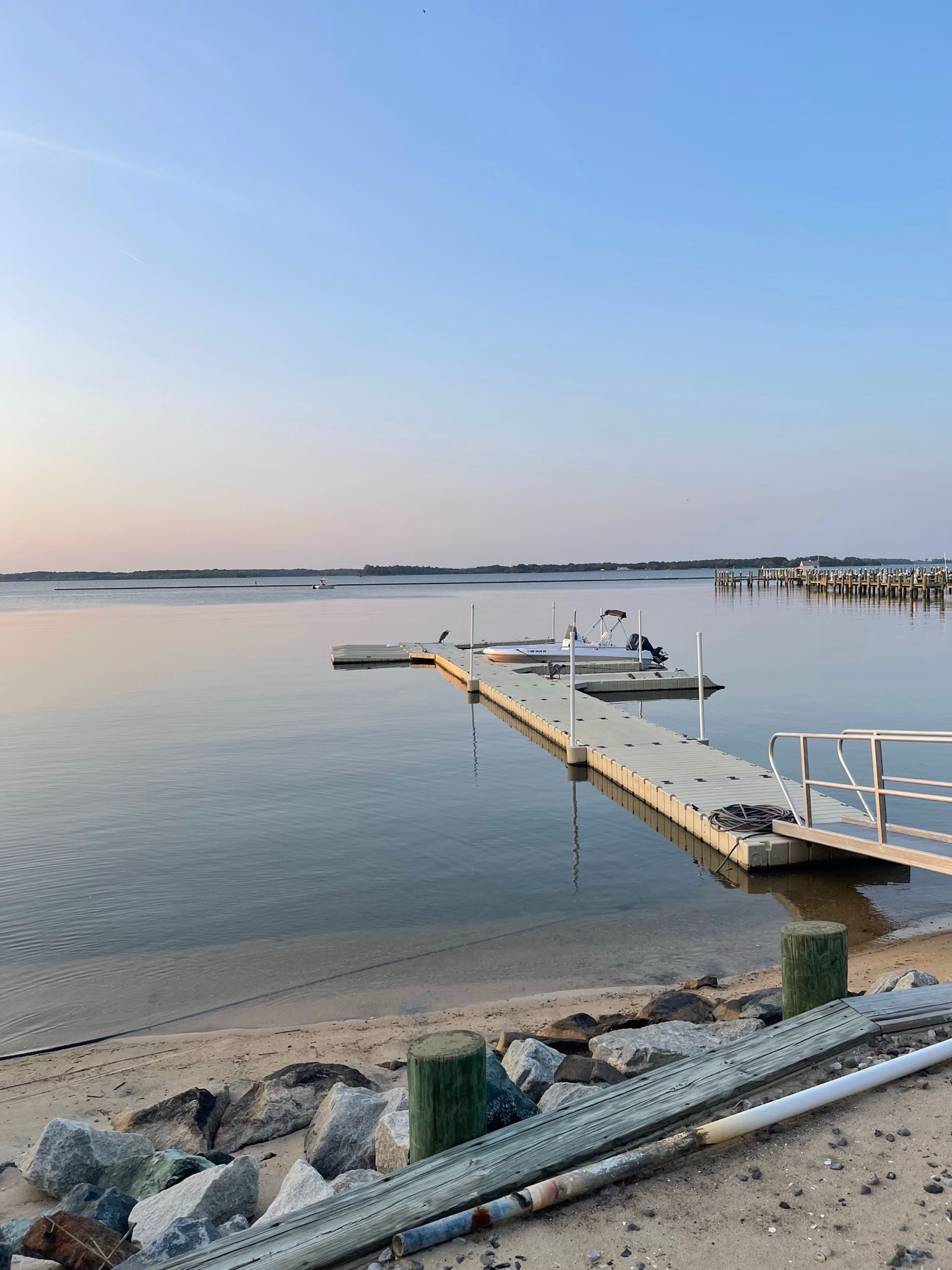 Sunset over a pier in Cambridge, Maryland