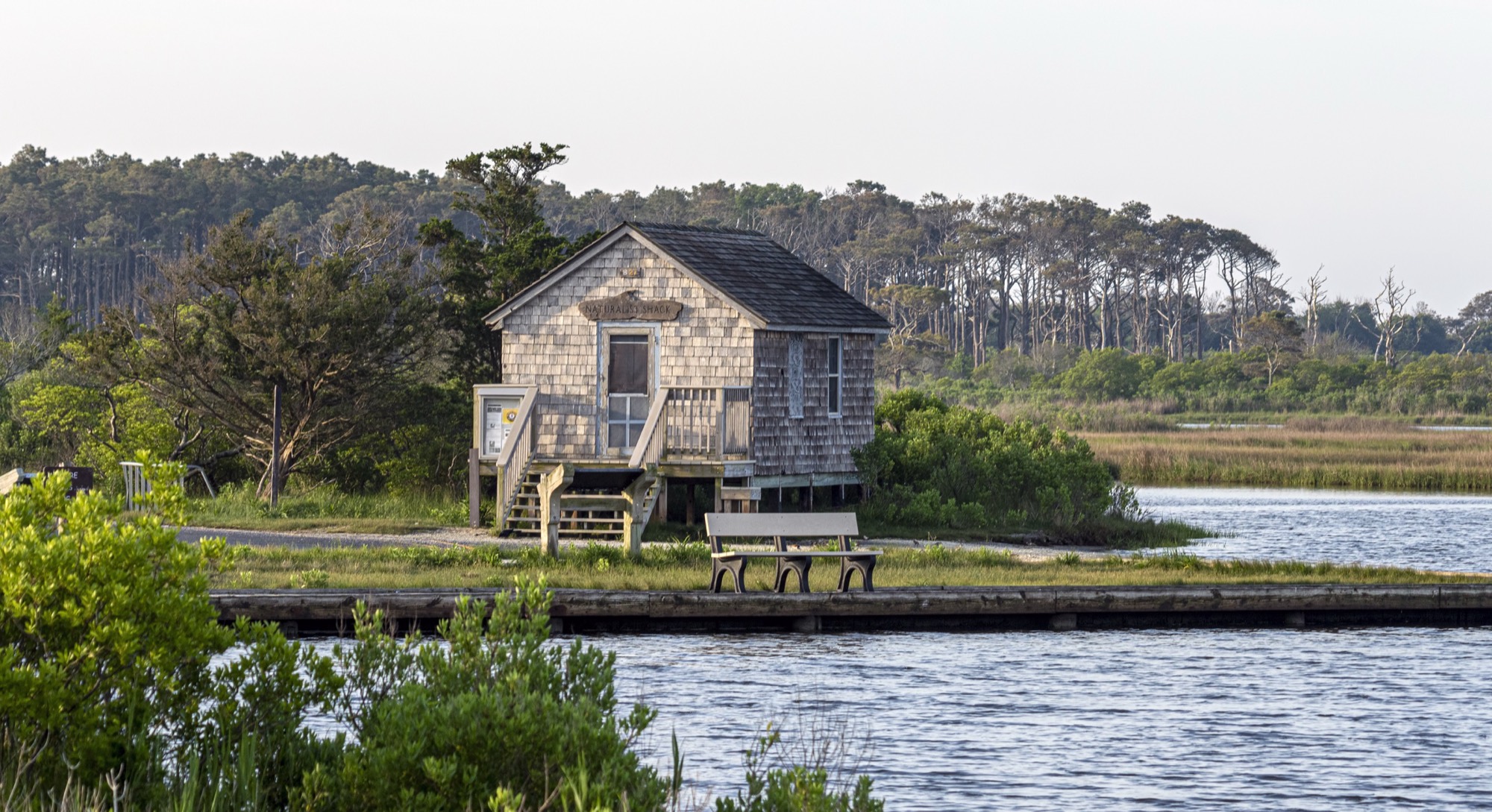 The naturalist shack at the old ferry landing on Assateague Island, Maryland, on a still morning
