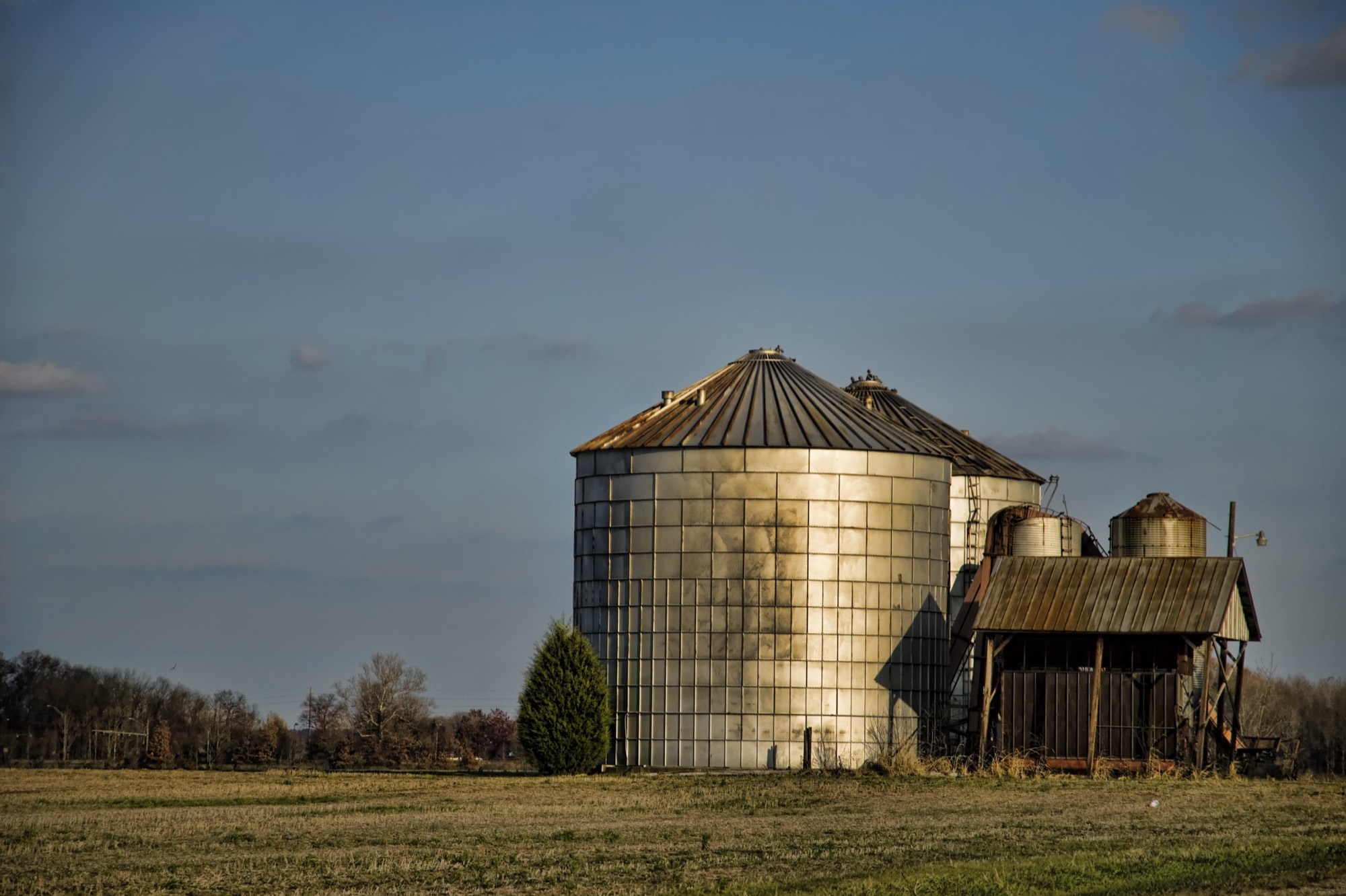 A pair of silver silos on White Marsh Road, Centreville, Maryland