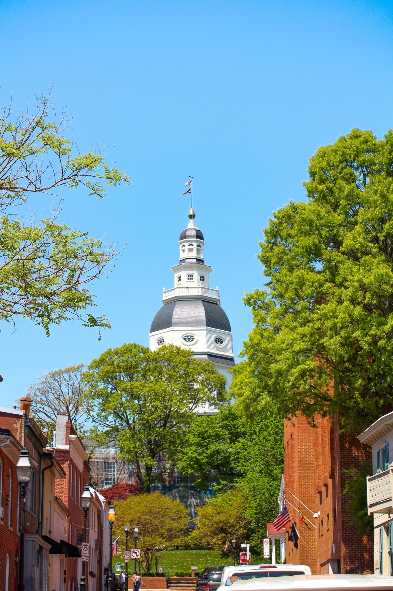 The dome of the Maryland State House rising over the brick buildings of Annapolis
