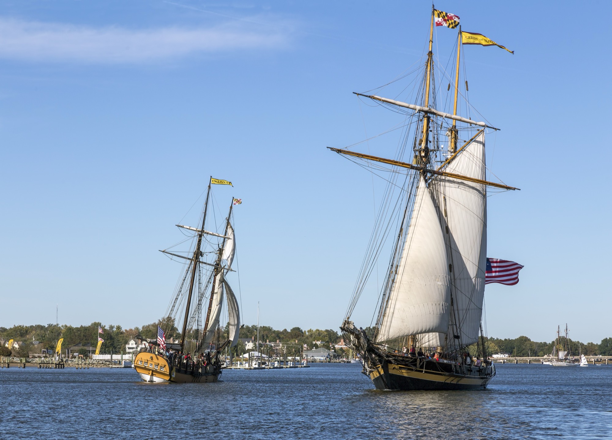 The schooner Sultana passing the Pride of Baltimore II on the Chester River at Chestertown