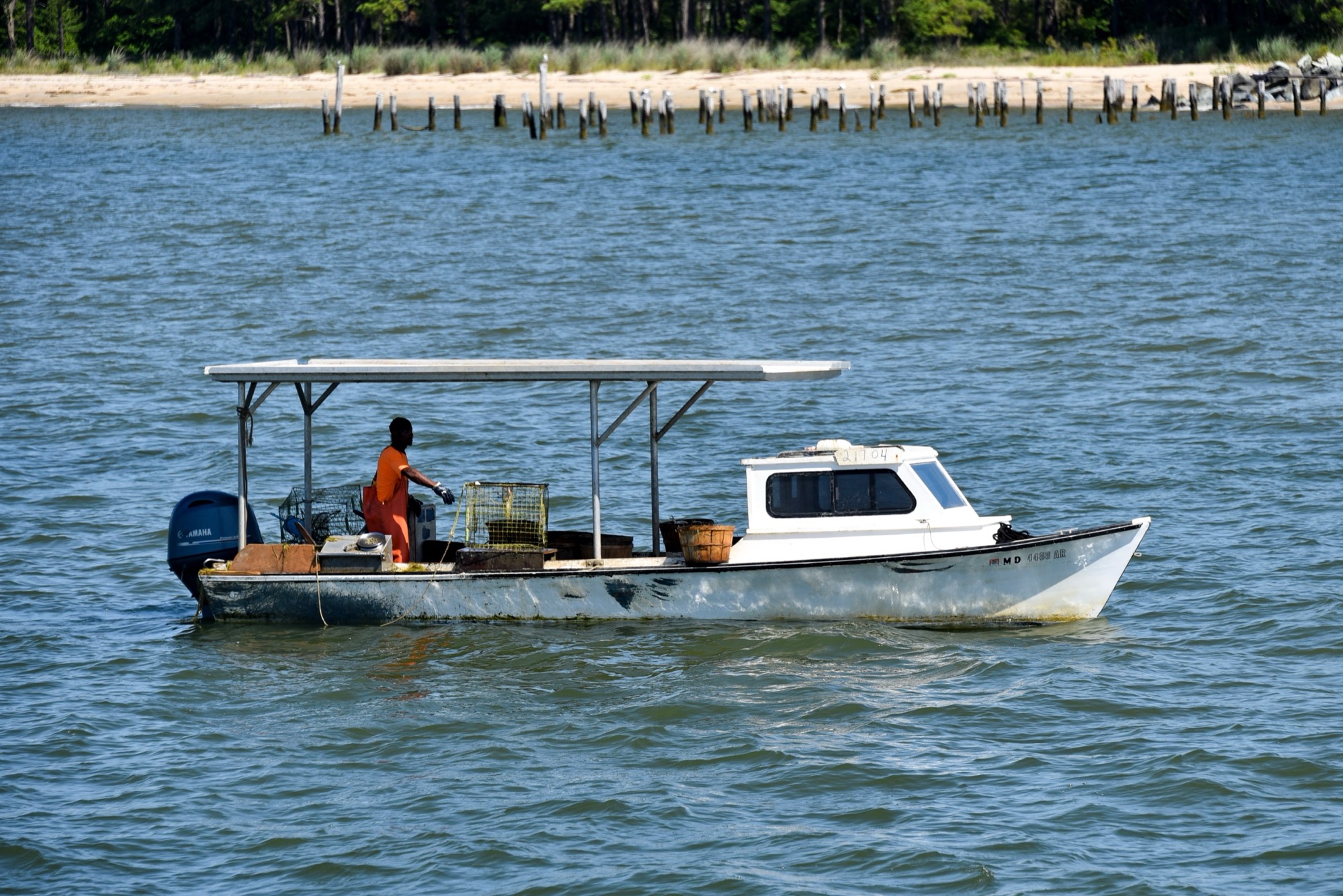 A Chesapeake Bay deadrise workboat out crabbing, one waterman aboard