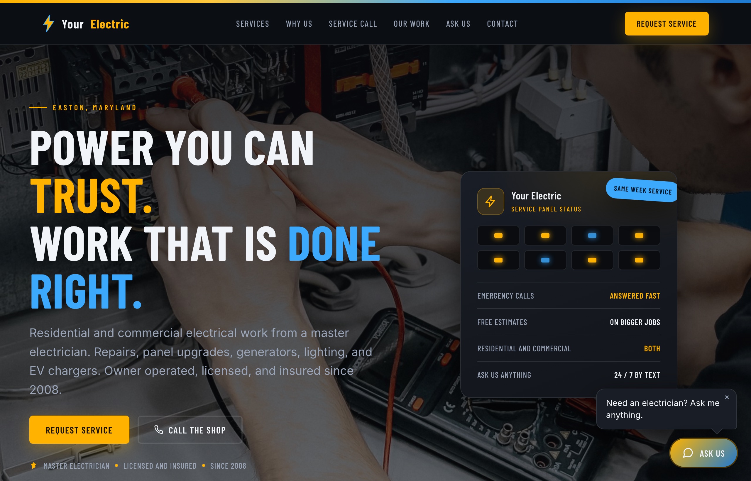 A modern electrician website we build.