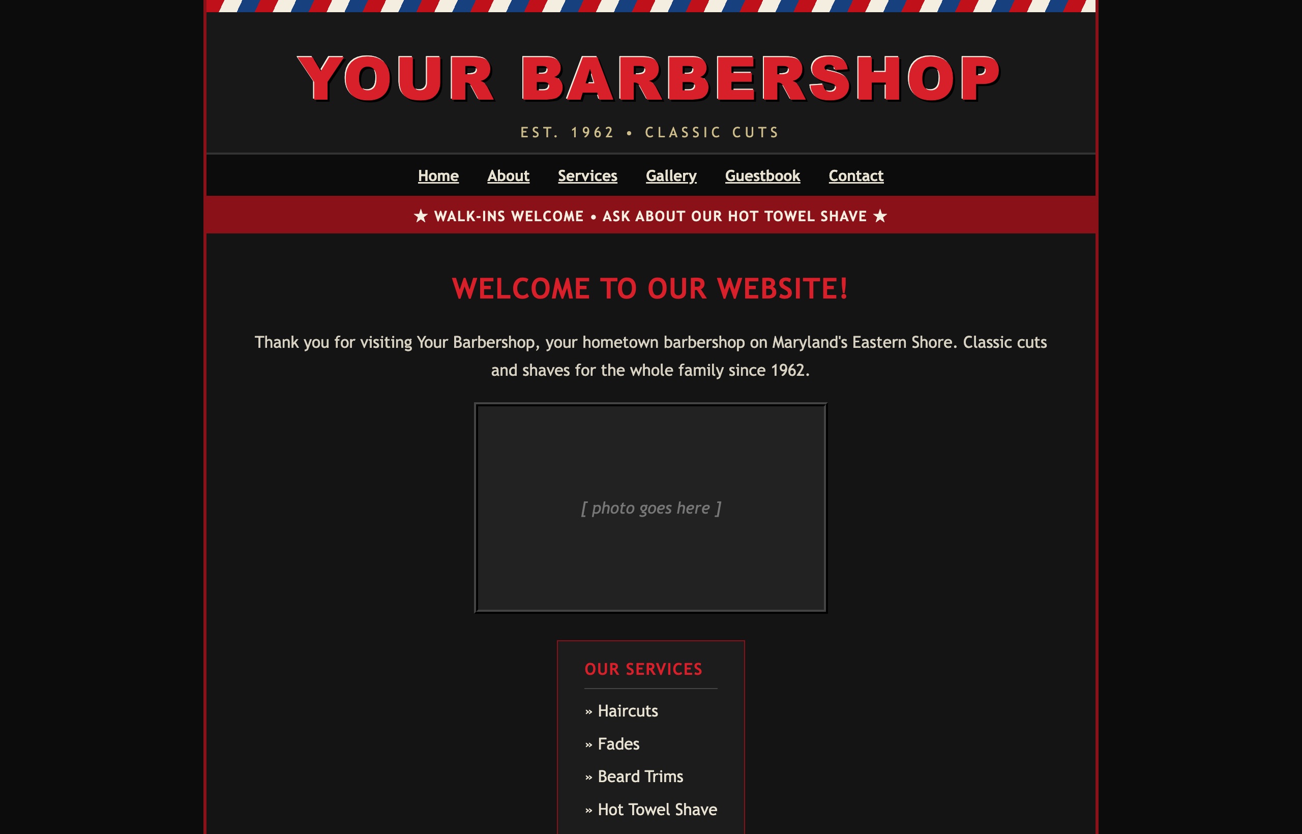 A dated barbershop website, before redesign.