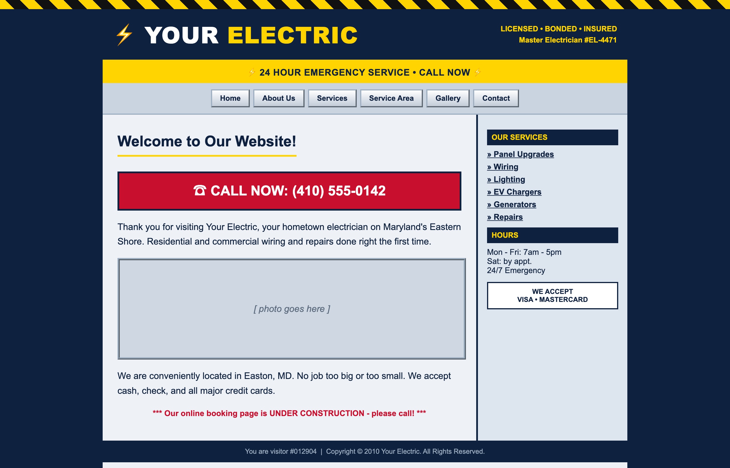A dated electrician website, before redesign.