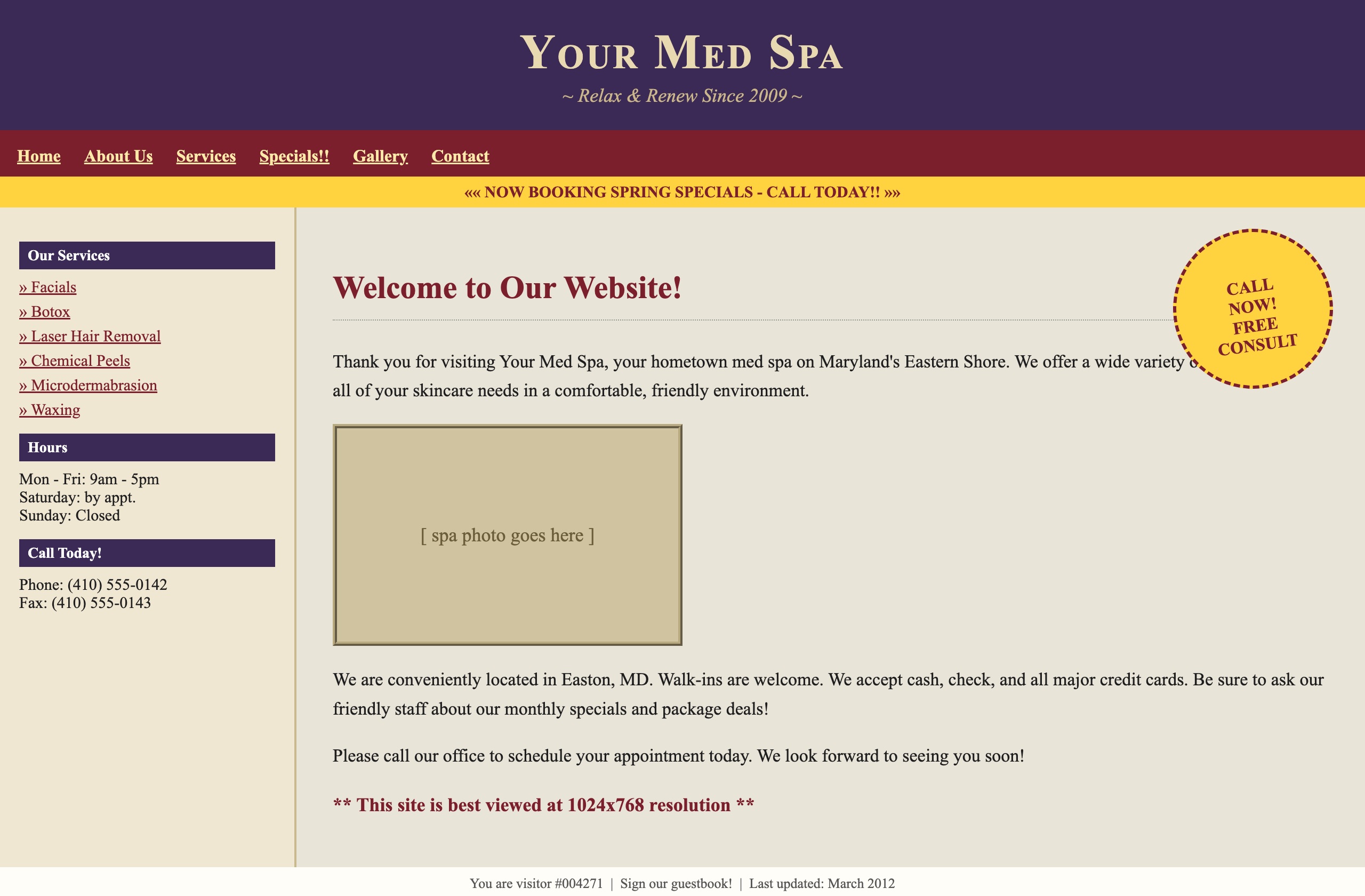 A dated med spa website, before redesign.