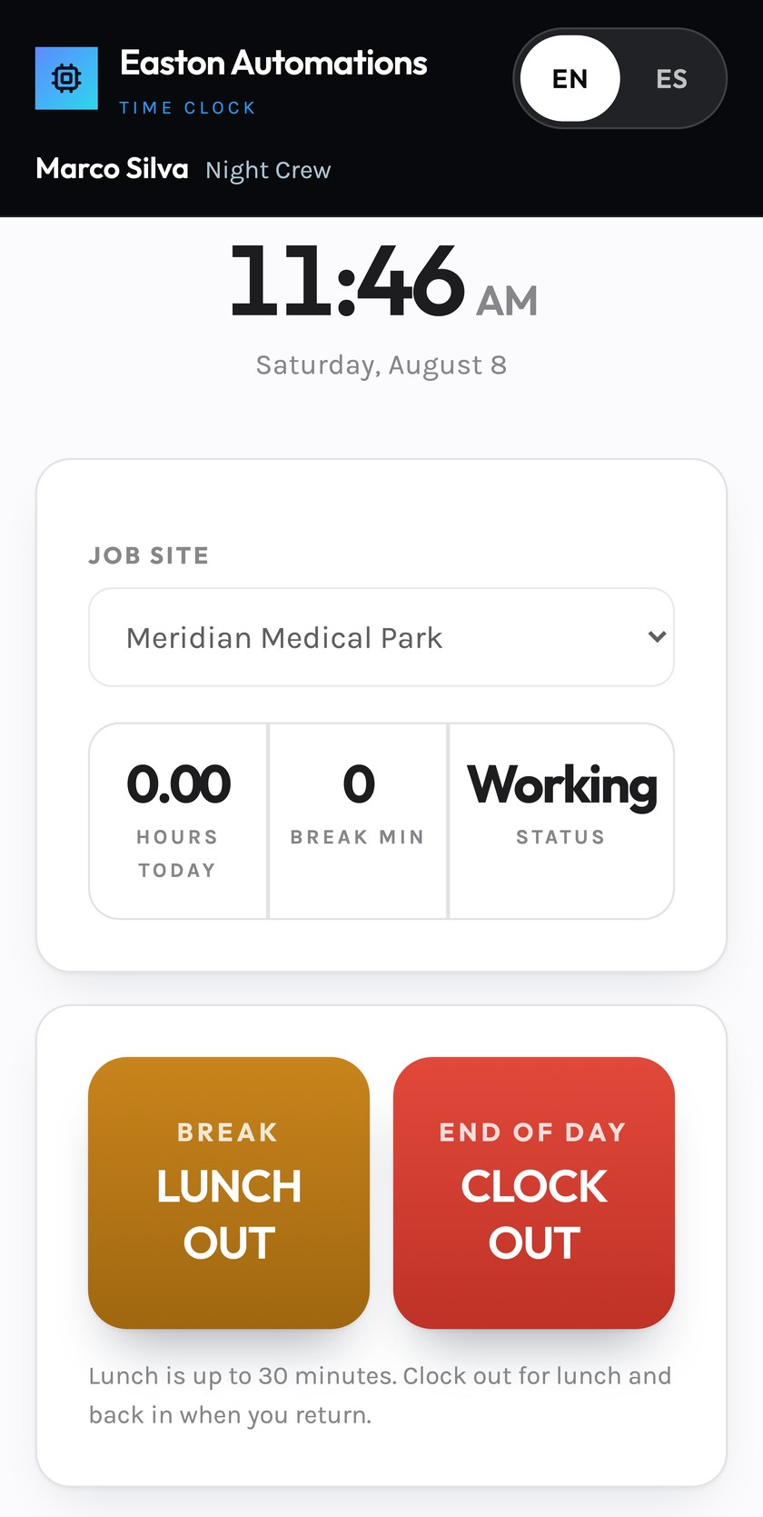 The employee phone screen mid shift: a large live clock, hours worked today, and lunch out and clock out buttons