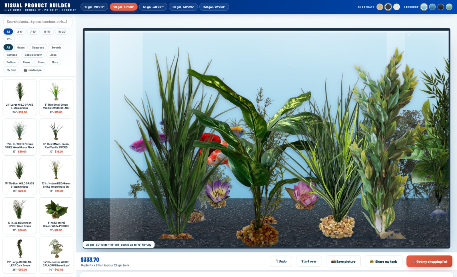 A custom visual product builder: the customer designs their order on screen and every piece is priced as they go